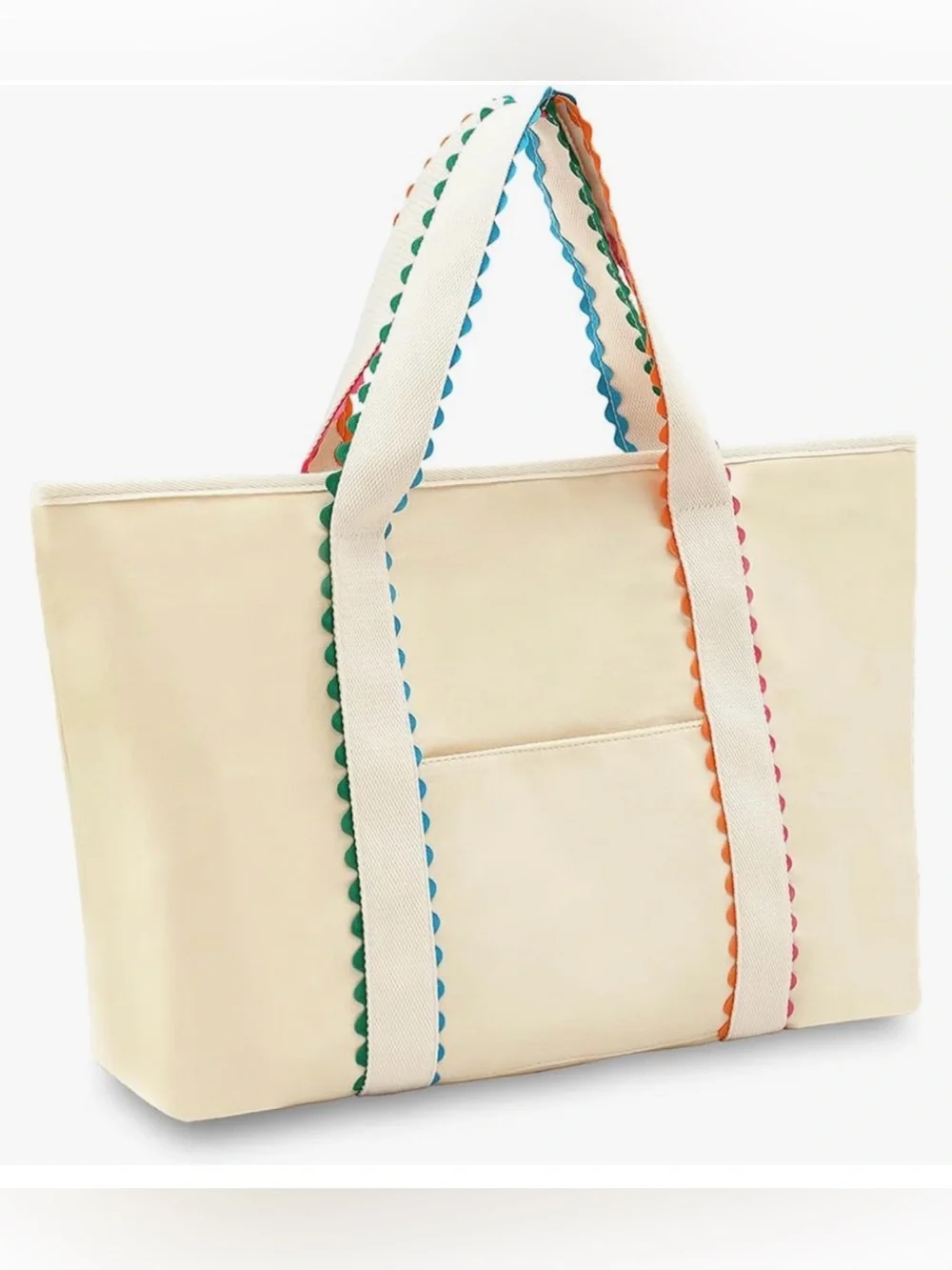 NWT- Cream Canvas Tote Bag with Rainbow Rick Rack Trim- Large